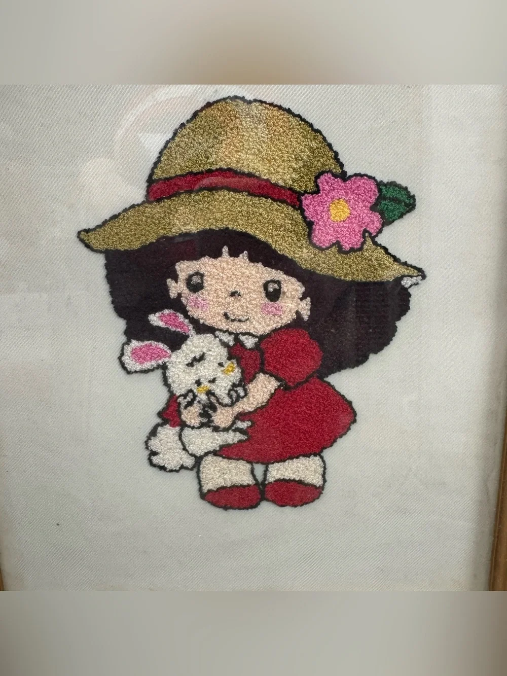 Framed Punch Needle Embroidery Girl with Bunny Red Velvet Frame